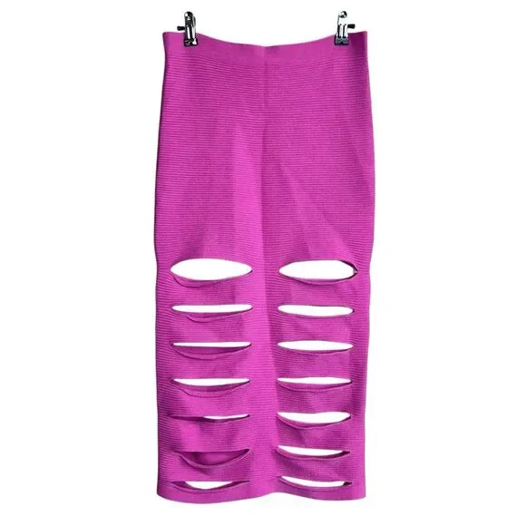 Cushnie et Ochs Pink Ribbed Knit Slash Slit Skirt Size Medium Womens Midi Pullon - Picture 2 of 7
